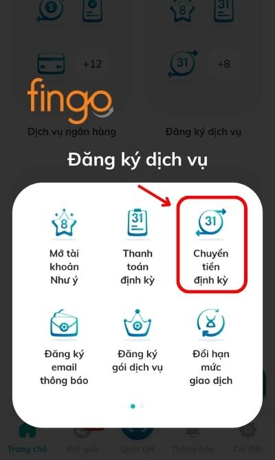 Tại đây, chọn Chuyển tiền định kỳ