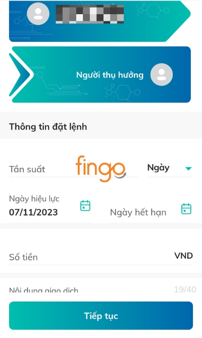 Chọn tài khoản nguồn, thông tin người hưởng thụ. Nhập thông tin đặt lệnh theo nhu cầu cá nhân