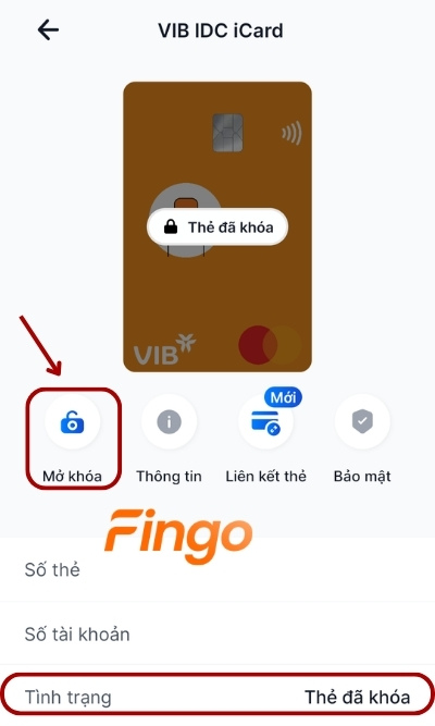 Chọn mục "Mở khóa" tại màn hình Thẻ mà khách hàng đã khóa trước đó
