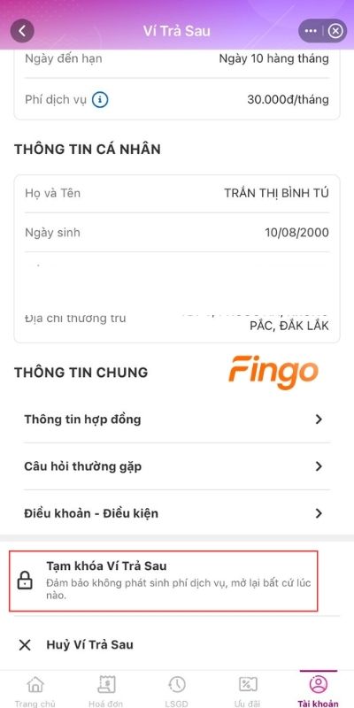 Chọn Tạm khóa ví trả sau MoMo