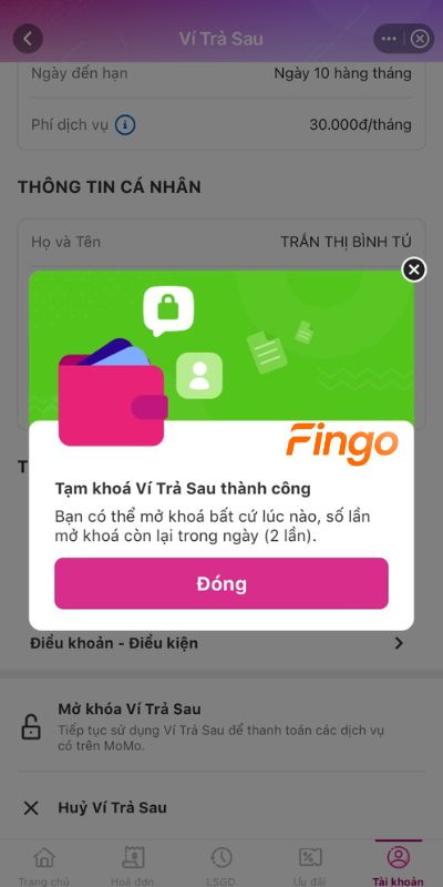 Tạm khóa Ví trả sau MoMo thành công