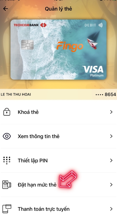 Chọn mục đặt hạn mức thẻ