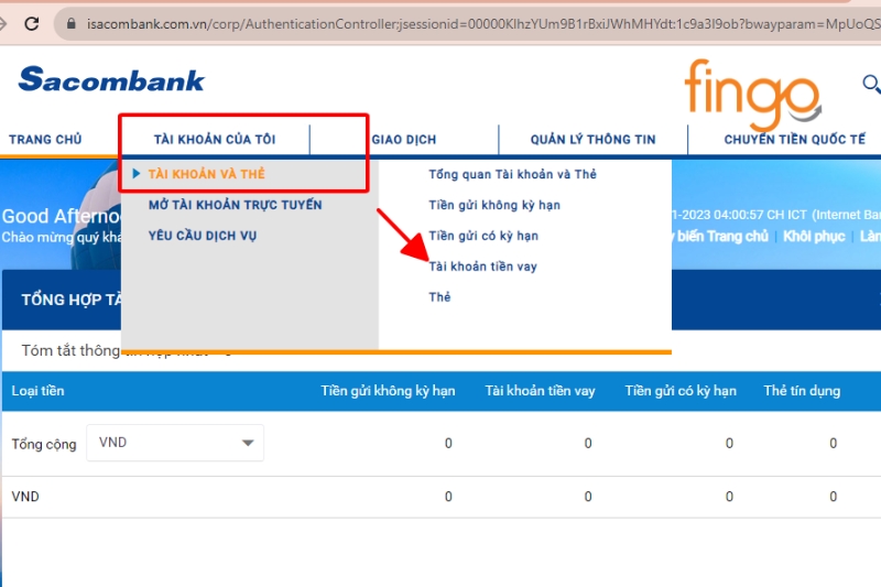 Kiểm tra hợp đồng vay Sacombank qua Internet Banking