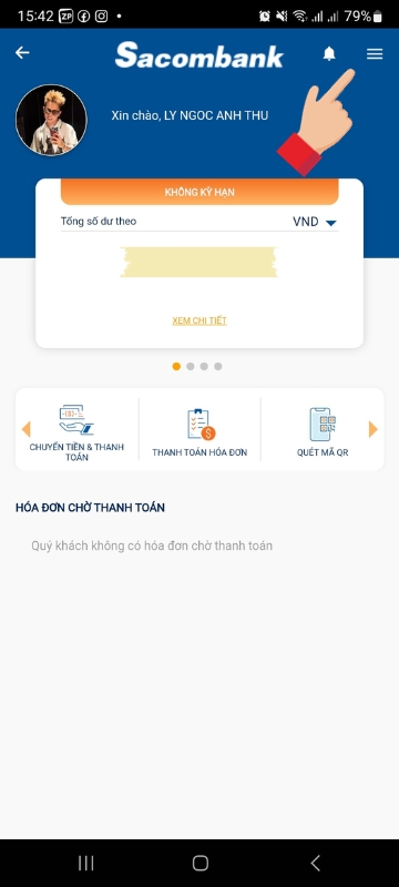 Đăng nhập ứng dụng Sacombank mBanking > Chọn 三