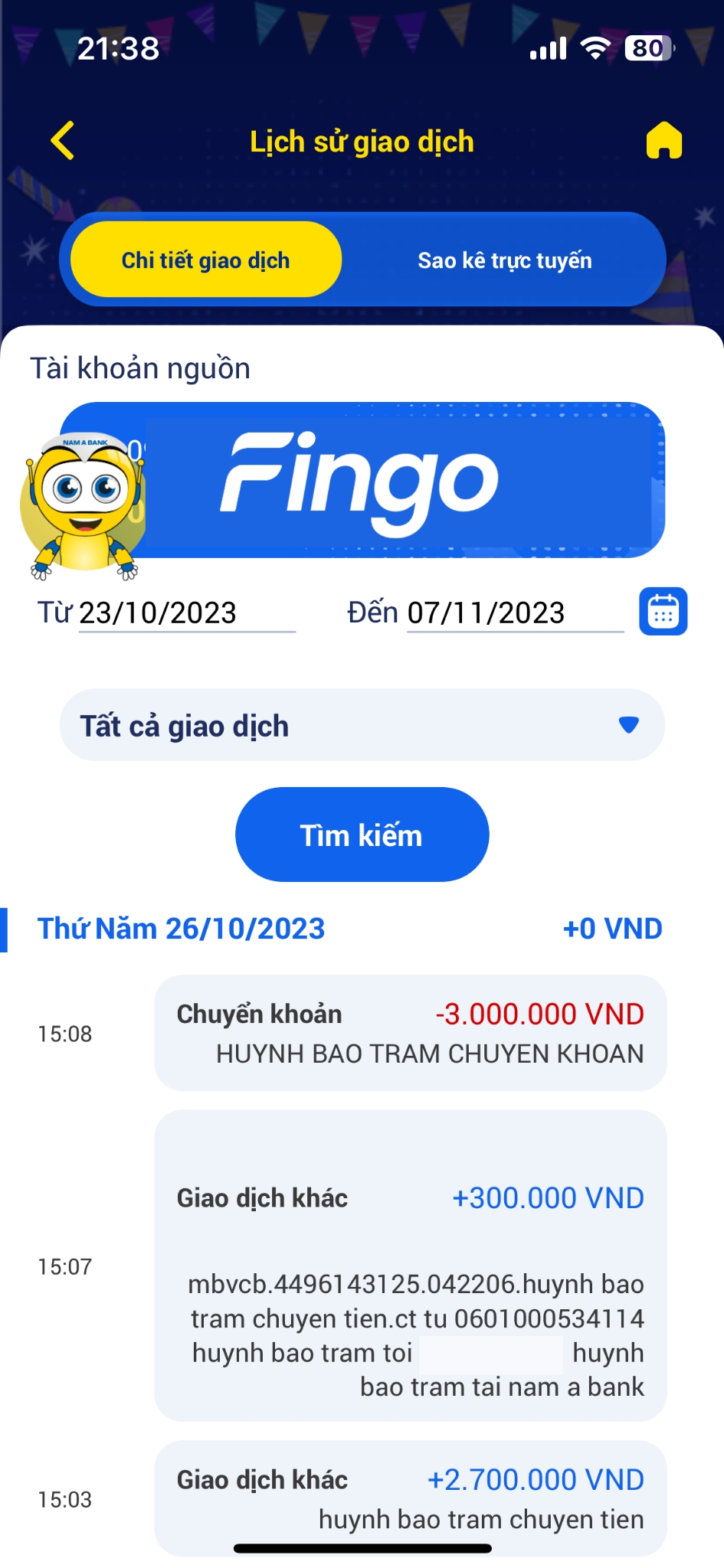Kiểm tra lịch sử giao dịch Nam A Bank bước 2
