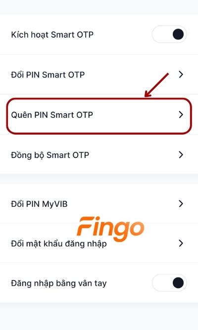Tại màn hình, chọn mục Quên PIN Smart OTP