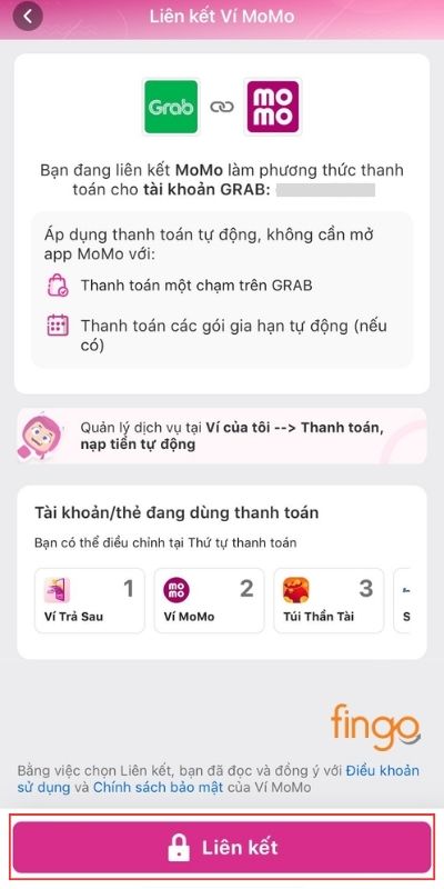 Xác nhận liên kết Grab với MoMo