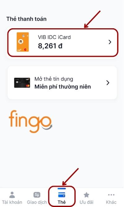  Đăng nhập ứng dụng, chọn mục Thẻ. Sau đó chọn Thẻ mà khách hàng đã thực hiện khóa