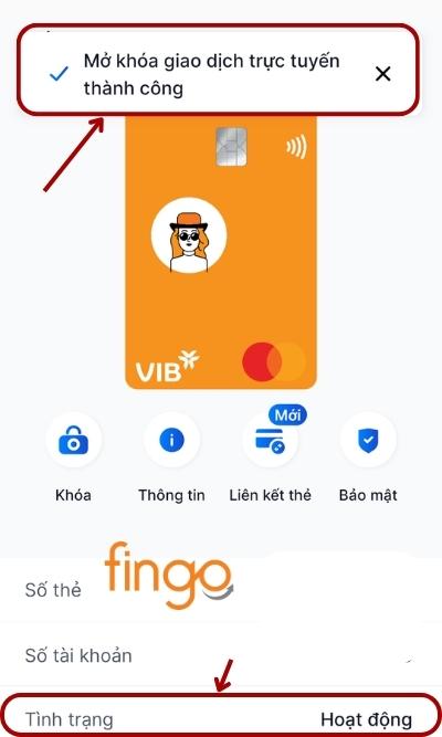 Màn hình lúc này hiển thị thông báo mở khóa chức năng thanh toán online VIB thành công.
