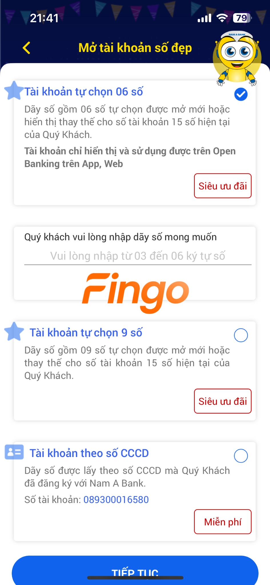 Cách mở tài khoản số đẹp Nam A Bank bước 2