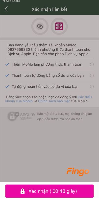 Xác nhận liên kết MoMo với App Store