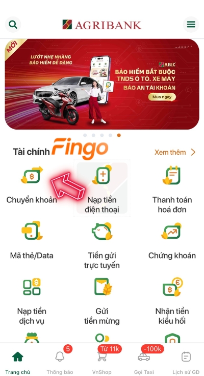 Nhấn chọn mục chuyển khoản, chuyển khoản liên ngân hàng