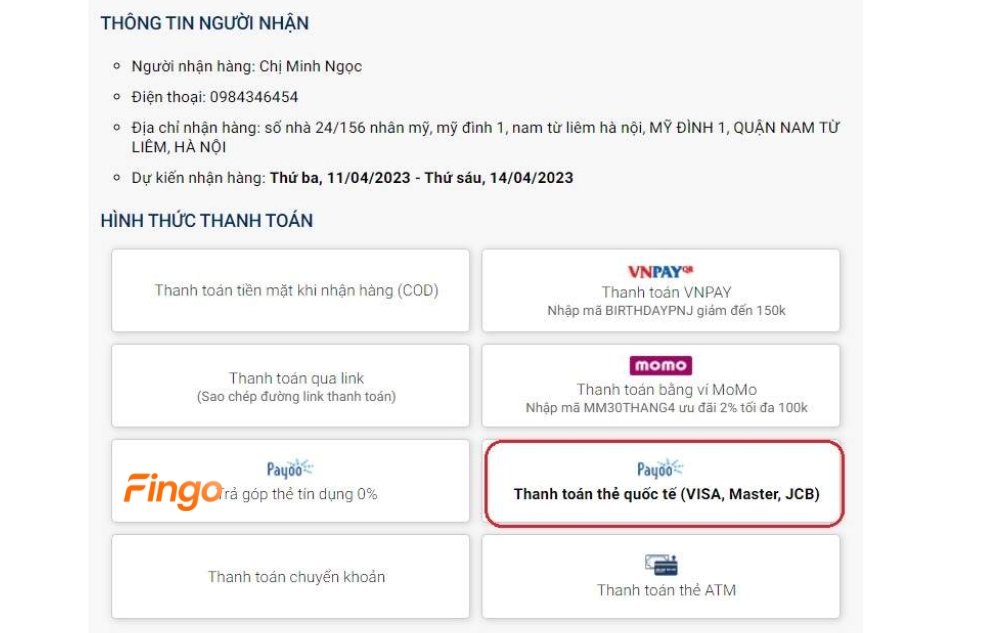 Lựa chọn thanh toán thẻ quốc tế