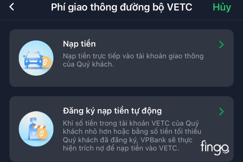 Chọn 1 trong 2 hình thức nạp tiền VETC qua VPBank