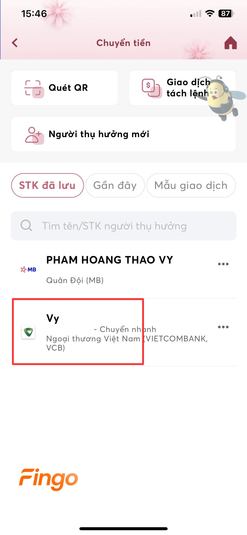 Danh sách người thụ hưởng hiển thị ở mục "STK đã lưu"