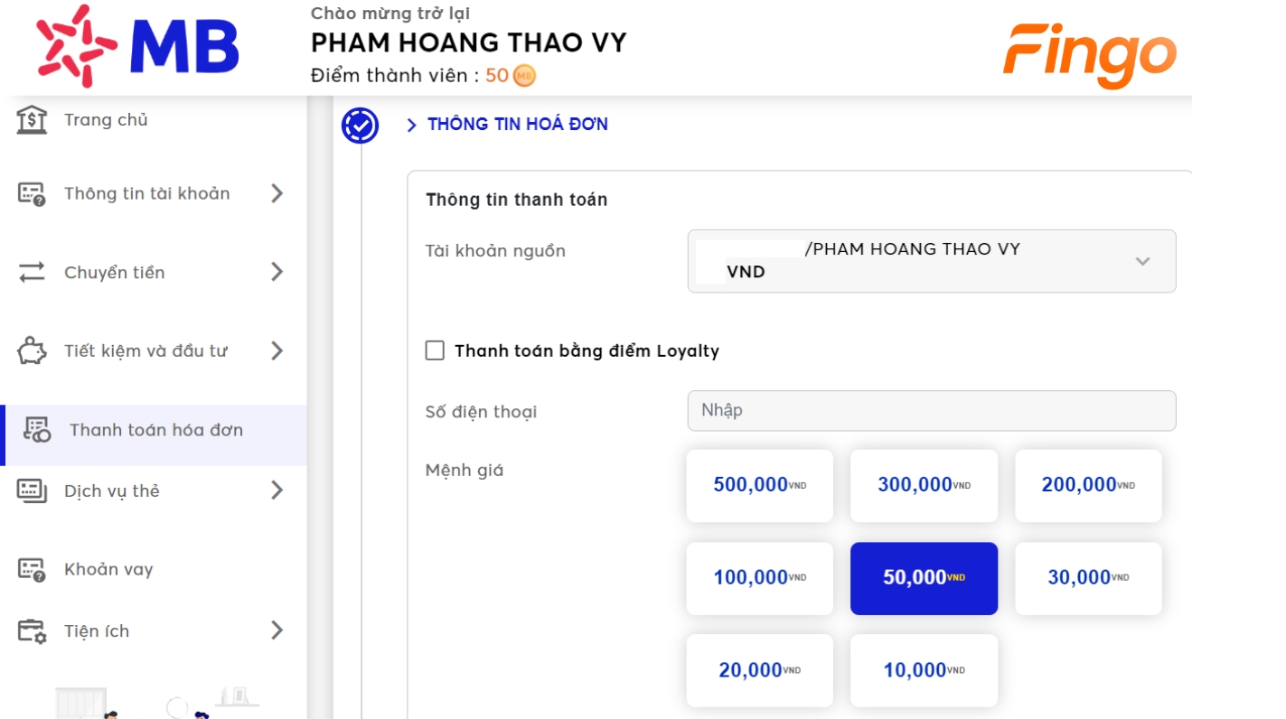 Nhập số điện thoại và mệnh giá cần nạp tiền