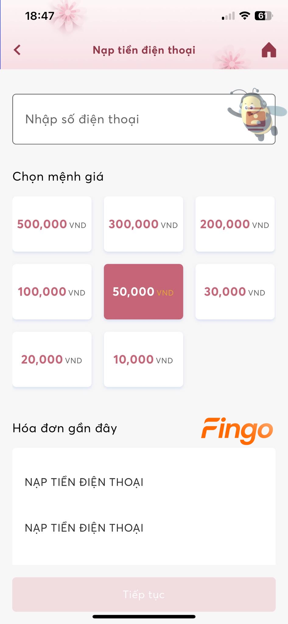 Nhập số điện thoại mà bạn muốn nạp tiền và chọn mệnh giá cần nạp