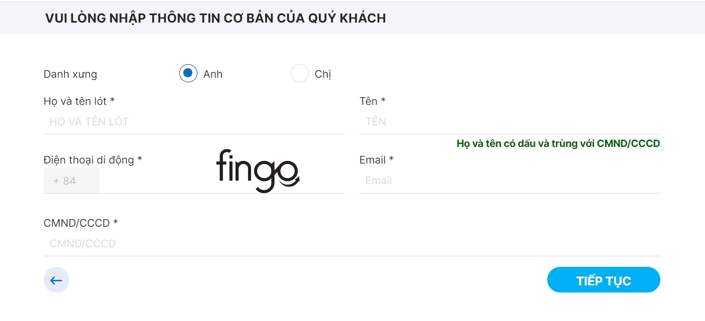 Nhập thông tin cá nhân mà hệ thống yêu cầu