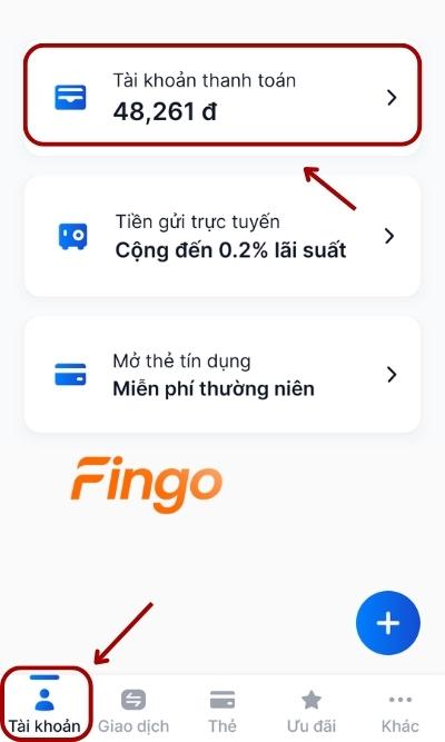 Đăng nhập tài khoản. Tại màn hình trang chủ, chọn mục Tài khoản. Sau đó chọn tài khoản mà khách hàng muốn thực hiện sao kê.