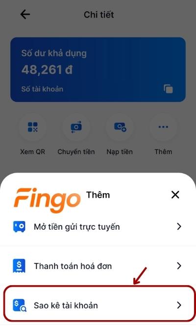 Tại popup Thêm, chọn mục Sao kê tài khoản