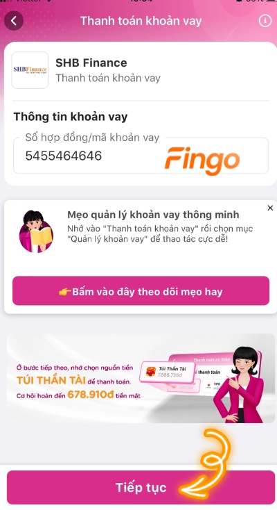 Nhấn số hợp đồng vay và thanh toán