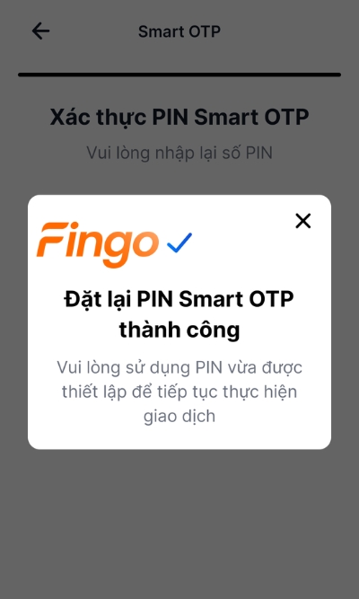 Màn hình lúc này hiển thị popup thông báo đặt lại mã PIN Smart OTP thành công. Như vậy khách hàng đã thành công trong việc lấy lại mã PIN Smart OTP VIB.