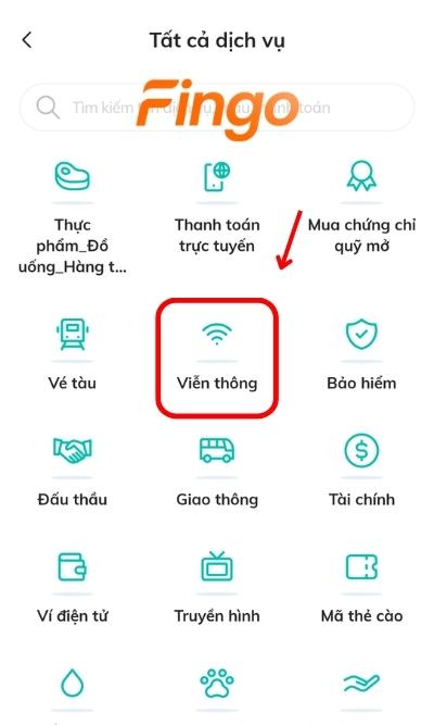 Tại màn hình, chọn mục Viễn thông để tiến hành thanh toán cước Internet