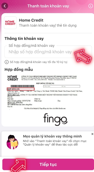 Nhập hợp đồng và nhấn tiếp tục