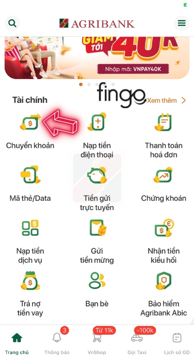 Nhấn chọn mục chuyển khoản