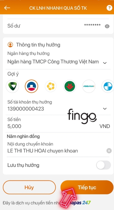 Nhập thông tin chuyển khoản, nhấn tiếp tục