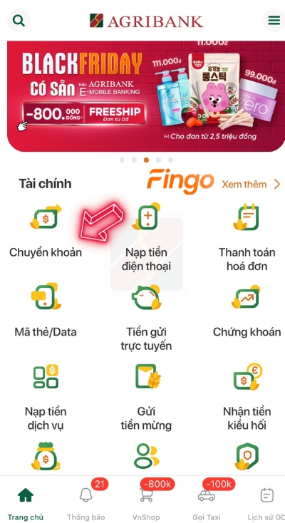 Nhấn chọn vào mục chuyển khoản