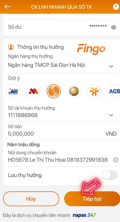 Nhập thông tin thanh toán và nhấn tiếp tục