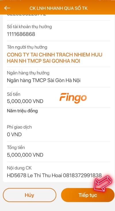 Nhấn chọn tiếp tục để hoàn tất thanh toán