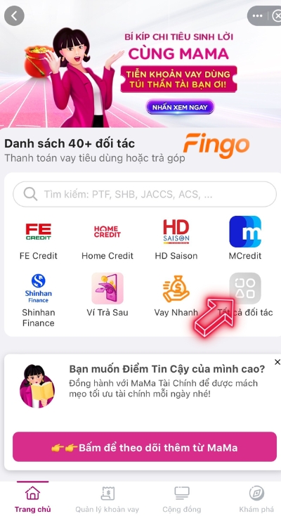 Nhấn chọn đối tác thanh toán