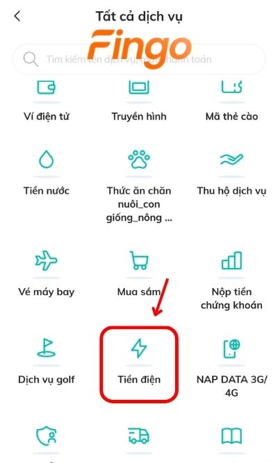 Tại màn hình, chọn mục Tiền điện để tiến hành thanh toán tiền điện