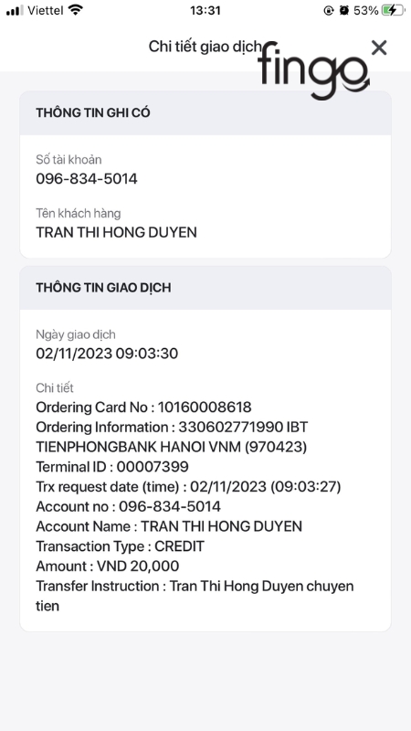 Màn hình sẽ hiện ra thông tin chi tiết bao gồm cả mã giao dịch