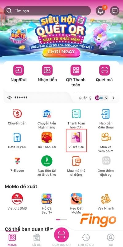 Chọn tính năng ví trả sau
