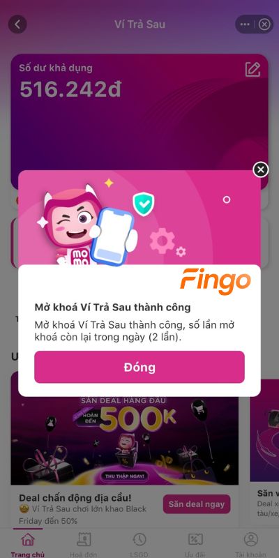 Mở Ví trả sau MoMo bị khóa thành công