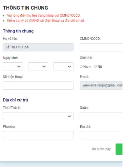 Nhập thông tin cá nhân cụ thể để hoàn tất 