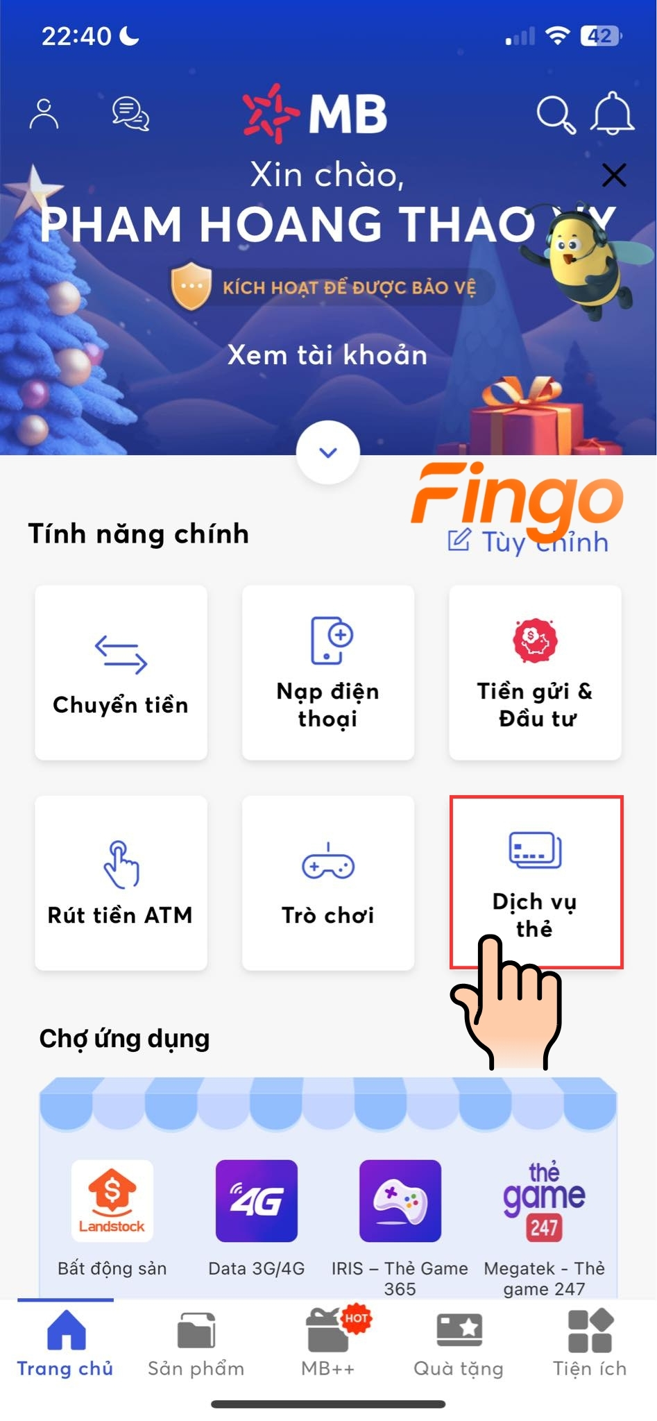 Chọn vào "Dịch vụ thẻ"