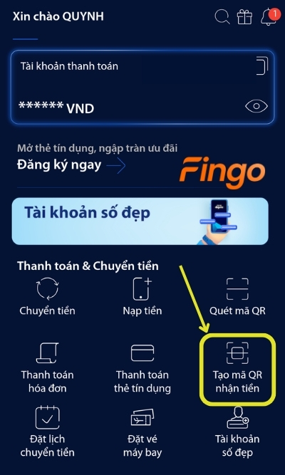 Đăng nhập ứng dụng digimi. Chọn mục Tạo mã QR nhận tiền