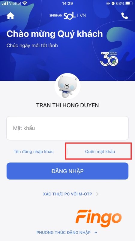 Chọn “Quên mật khẩu”