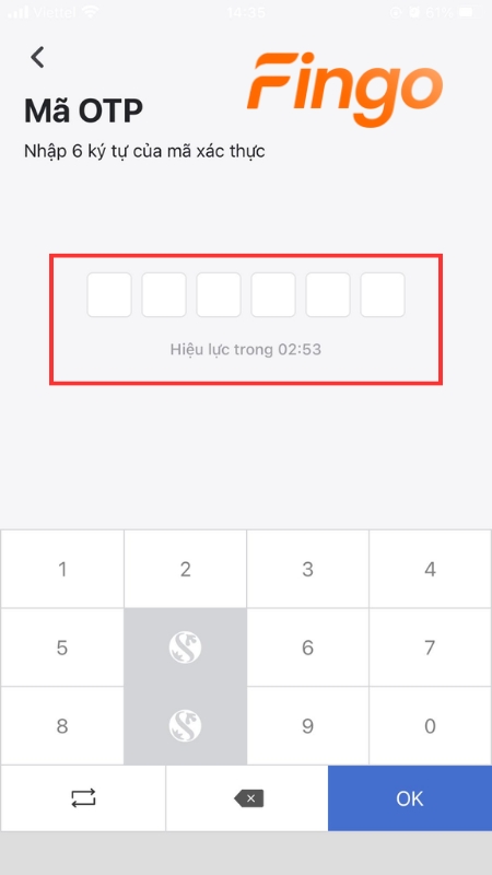 Nhập mã OTP đã được gửi về điện thoại