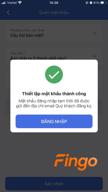 Màn hình thông báo thiết lập mật khẩu thành công