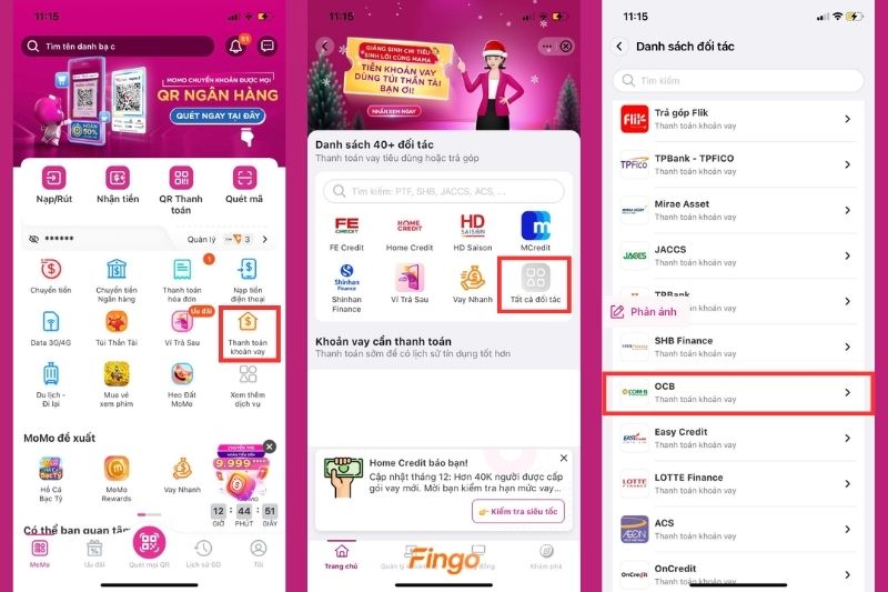 Các bước thanh toán khoản vay OCB qua Momo