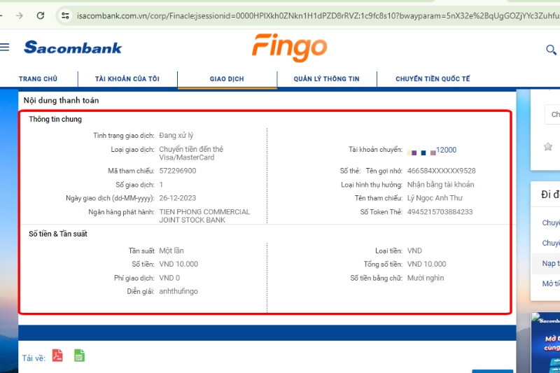 Hoàn thành cách chuyển tiền Internet Banking Sacombank đến thẻ Visa/Mastercard