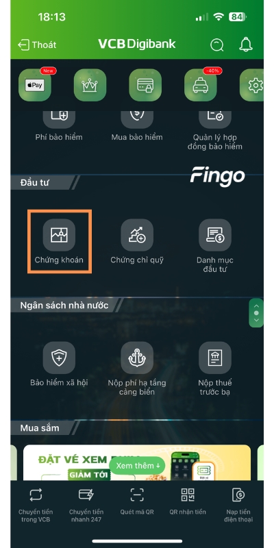 Cách chuyển tiền vào tài khoản chứng khoán Vietcombank bước 1