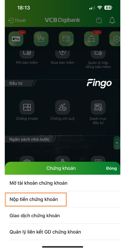 Cách chuyển tiền vào tài khoản chứng khoán Vietcombank bước 2