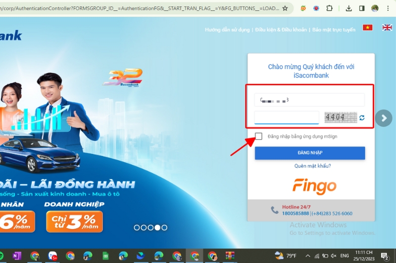 Điền thông tin đăng nhập Internet Banking Sacombank
