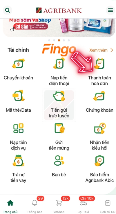 Chọn mục thanh toán hóa đơn